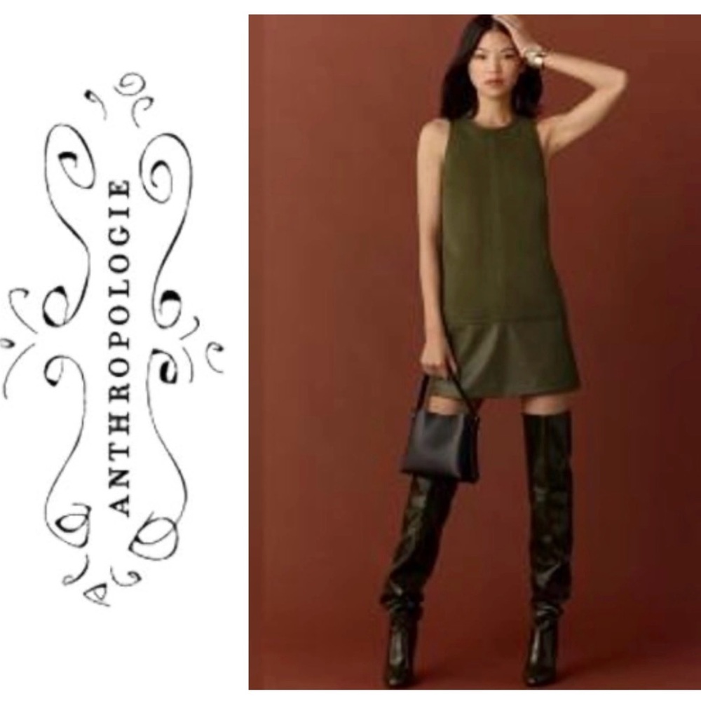NWOT Anthropologie green faux leather mixed media sheath dress in army olive